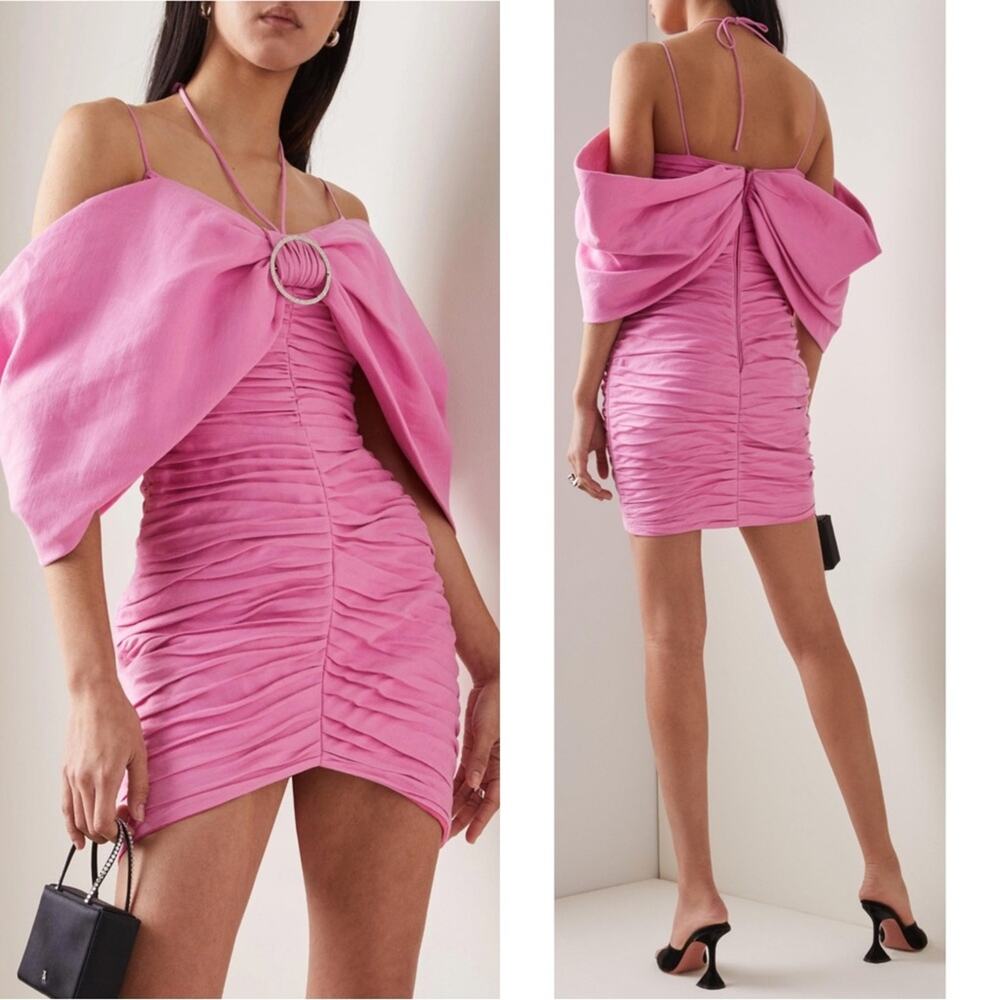 RASARIO Bow Embellished Draped Off the Shoulder Pink Linen Mini Dress Size 2